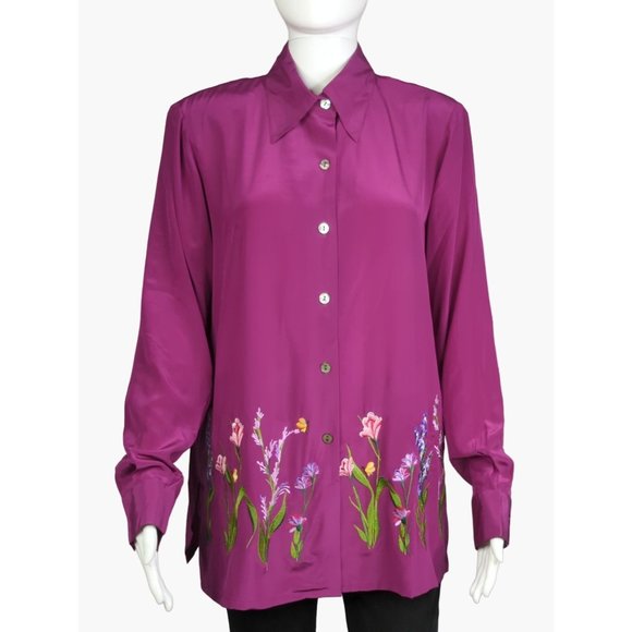 Vintage Donna Dewberry QVC Womens Silk Fuchia Embroidered Top Roomy Med NEW - Picture 1 of 11
